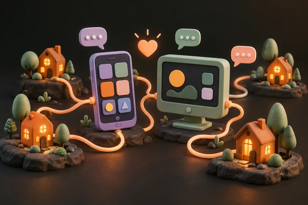 A phone and desktop computer connect a neighborhood of little houses with warm glowing cables and conversation bubbles.