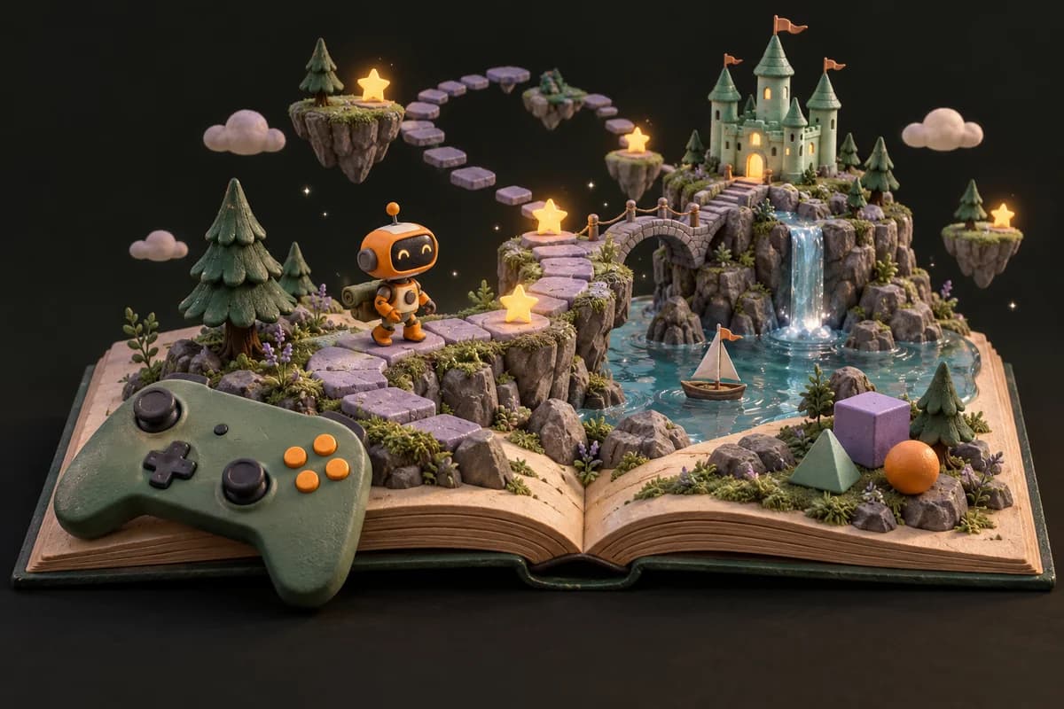 A tiny robot explores a castle and floating stepping stones in a game world emerging from an open book.