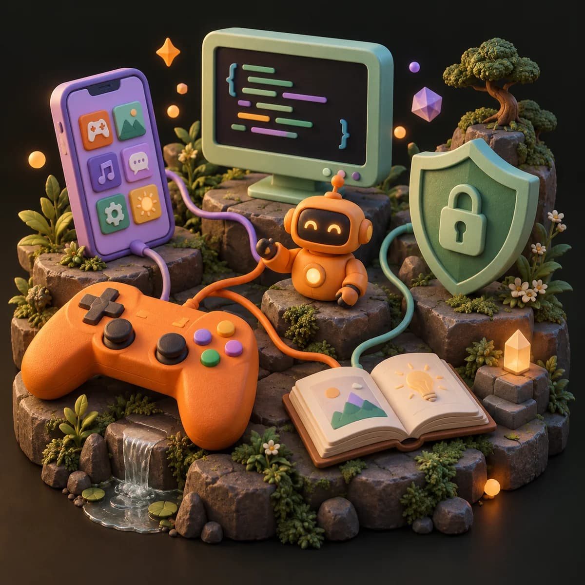 A miniature software playground with an orange robot, game controller, phone, code screen, book, and protective shield.